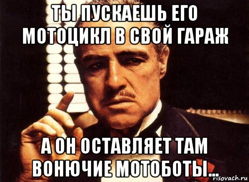 ты пускаешь его мотоцикл в свой гараж а он оставляет там вонючие мотоботы..., Мем крестный отец