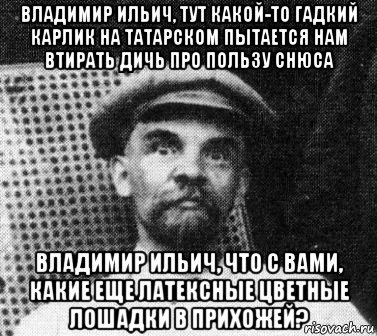 владимир ильич, тут какой-то гадкий карлик на татарском пытается нам втирать дичь про пользу снюса владимир ильич, что с вами, какие еще латексные цветные лошадки в прихожей?, Мем   Ленин удивлен