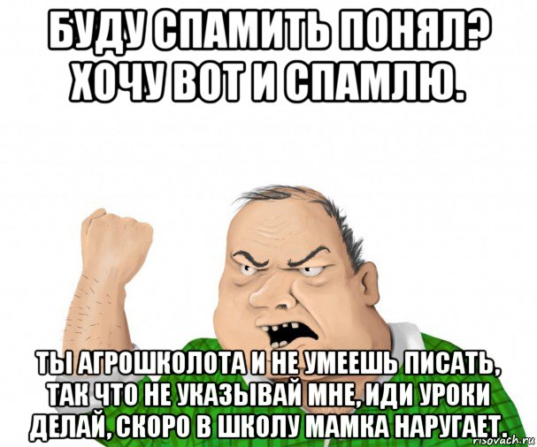 буду спамить понял? хочу вот и спамлю. ты агрошколота и не умеешь писать, так что не указывай мне, иди уроки делай, скоро в школу мамка наругает., Мем мужик