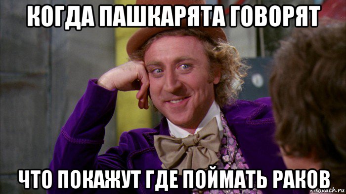 когда пашкарята говорят что покажут где поймать раков, Мем Ну давай расскажи (Вилли Вонка)