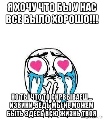 я хочу что бы у нас все было хорошо!!! но ты что то скрвываеш... извини-ведь мы не можем быть здесь всю жизнь твоя, Мем Влюбленный