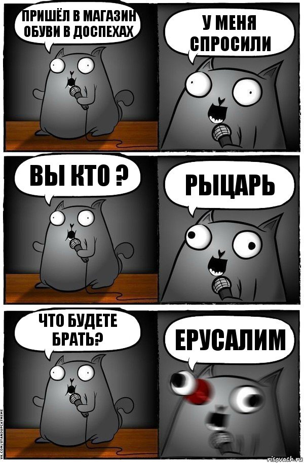 пришёл в магазин обуви в доспехах у меня спросили вы кто ? РЫцарь что будете брать? ЕРУСАЛИМ