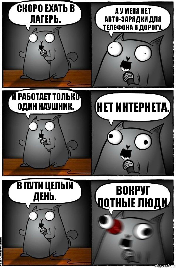 Скоро ехать в лагерь. А у меня нет авто-зарядки для телефона в дорогу. И работает только один наушник. Нет интернета. В пути целый день. Вокруг потные люди., Комикс  Стендап-кот