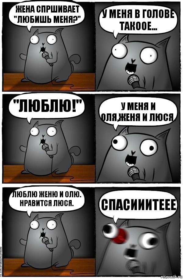 ЖЕНА СПРШИВАЕТ "ЛЮБИШЬ МЕНЯ?" У МЕНЯ В ГОЛОВЕ ТАКООЕ... "ЛЮБЛЮ!" У МЕНЯ И ОЛЯ,ЖЕНЯ И ЛЮСЯ. ЛЮБЛЮ ЖЕНЮ И ОЛЮ. НРАВИТСЯ ЛЮСЯ. СПАСИИИТЕЕЕ, Комикс  Стендап-кот