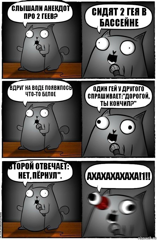 слышали анекдот про 2 геев? сидят 2 гея в бассейне вдруг на воде появилось что-то белое один гей у другого спрашивает:"дорогой, ты кончил?" второй отвечает:" нет, пёрнул". АХАХАХАХАХА!1!!, Комикс  Стендап-кот