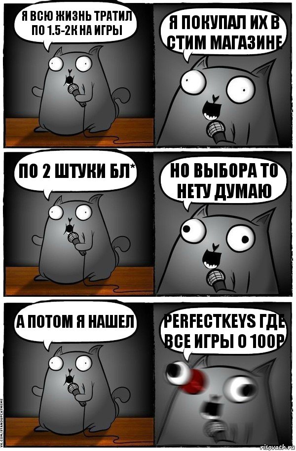 я всю жизнь тратил по 1.5-2к на игры я покупал их в стим магазине по 2 штуки бл* но выбора то нету думаю а потом я нашел perfectkeys где все игры о 100р, Комикс  Стендап-кот