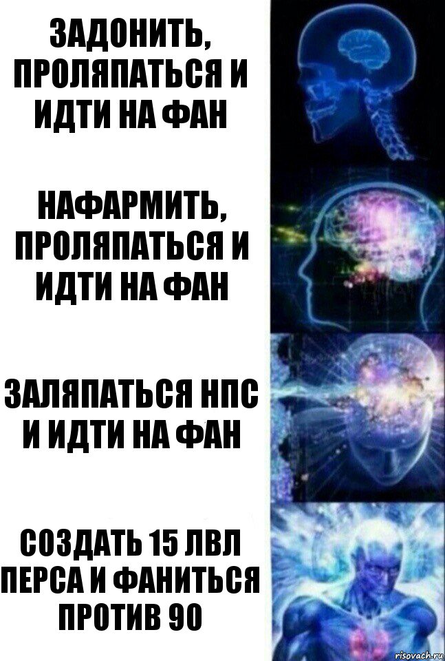 Задонить, проляпаться и идти на фан Нафармить, проляпаться и идти на фан Заляпаться нпс и идти на фан Создать 15 лвл перса и фаниться против 90, Комикс  Сверхразум