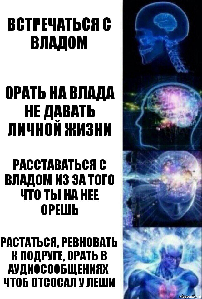 Встречаться с Владом Орать на Влада
Не давать личной жизни Расставаться с Владом из за того что ты на нее орешь Растаться, ревновать к подруге, орать в аудиосообщениях чтоб отсосал у леши, Комикс  Сверхразум