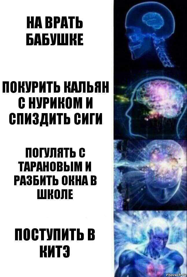 На врать бабушке Покурить кальян с Нуриком и спиздить сиги Погулять с Тарановым и разбить окна в школе Поступить в КИТэ, Комикс  Сверхразум