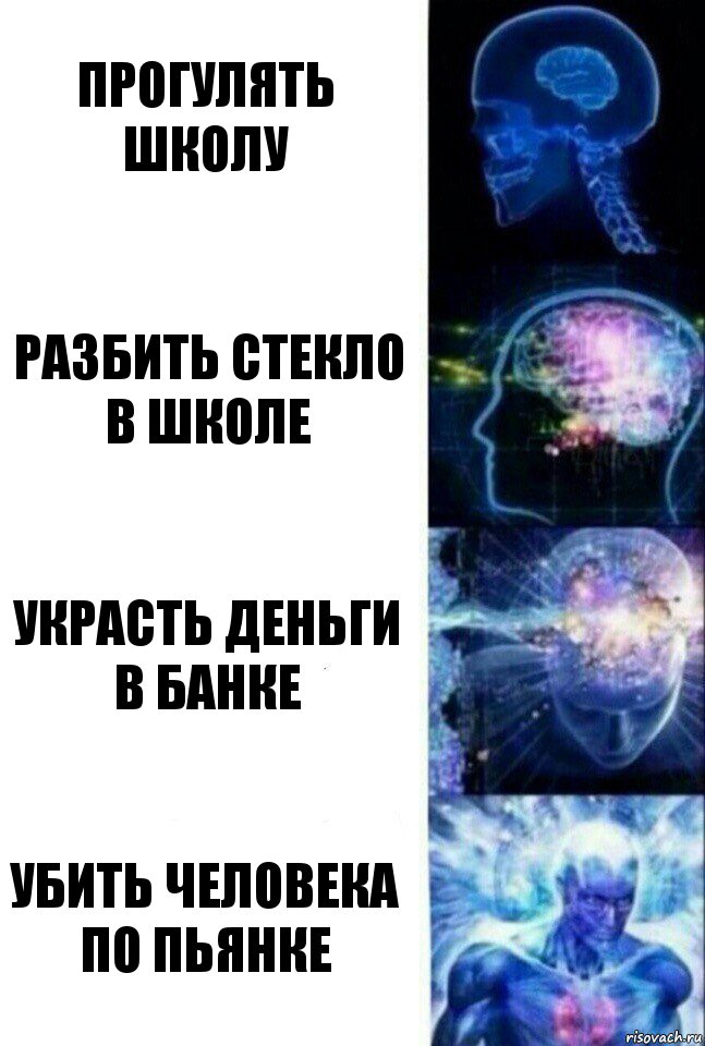 Прогулять школу Разбить стекло в школе Украсть деньги в банке Убить человека по пьянке, Комикс  Сверхразум