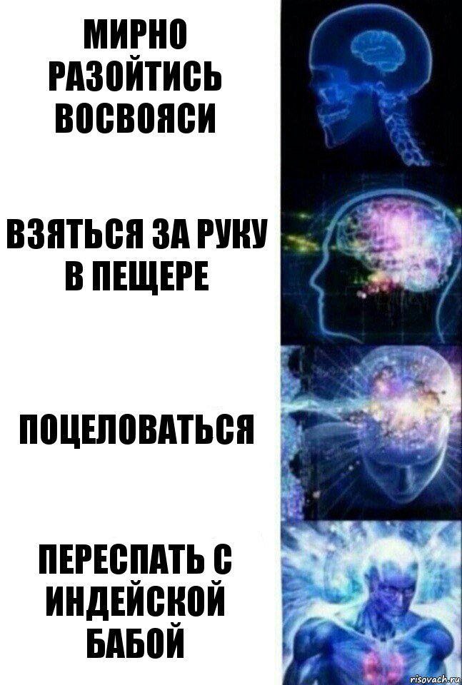 Мирно разойтись восвояси Взяться за руку в пещере Поцеловаться Переспать с индейской бабой, Комикс  Сверхразум