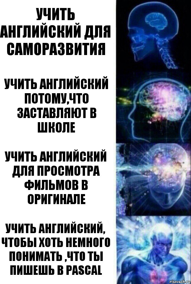 Учить английский для саморазвития Учить английский потому,что заставляют в школе Учить английский для просмотра фильмов в оригинале Учить английский, чтобы хоть немного понимать ,что ты пишешь в Pascal, Комикс  Сверхразум