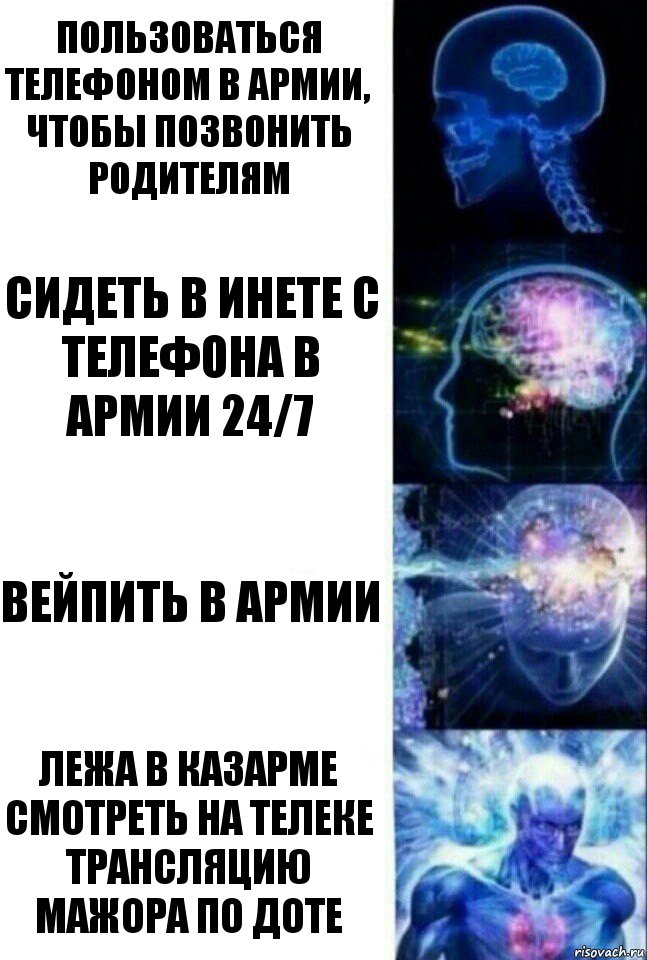 Пользоваться телефоном в армии, чтобы позвонить родителям Сидеть в инете с телефона в армии 24/7 Вейпить в армии Лежа в казарме смотреть на телеке трансляцию мажора по Доте, Комикс  Сверхразум