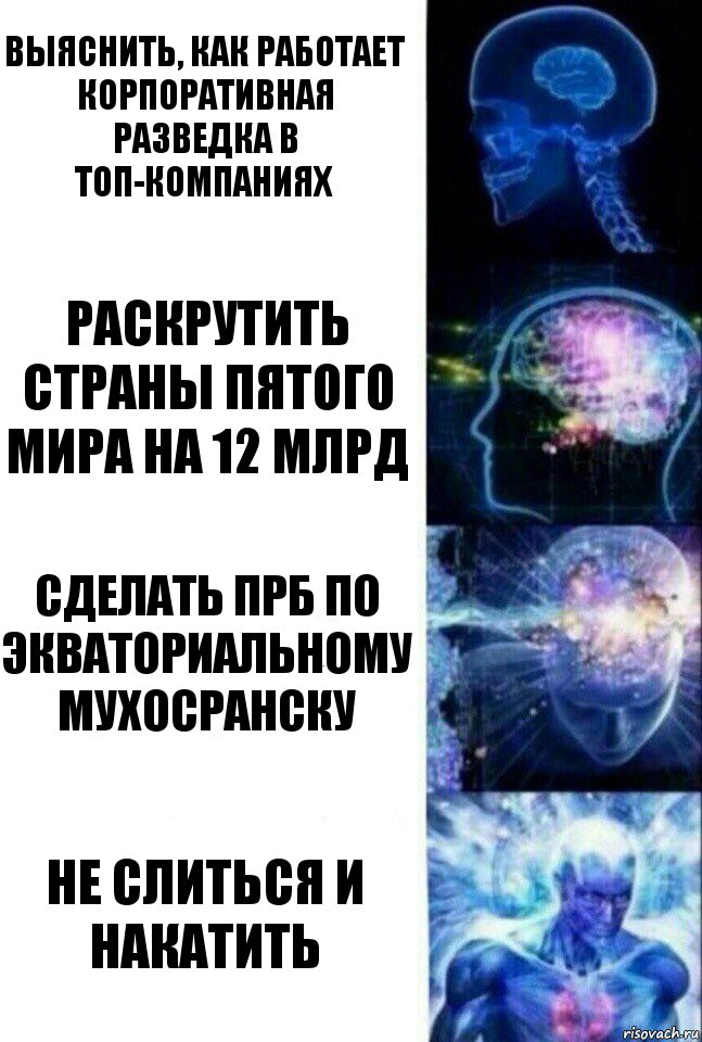 Выяснить, как работает корпоративная разведка в топ-компаниях Раскрутить страны пятого мира на 12 млрд Сделать прб по экваториальному мухосранску Не слиться и накатить, Комикс  Сверхразум