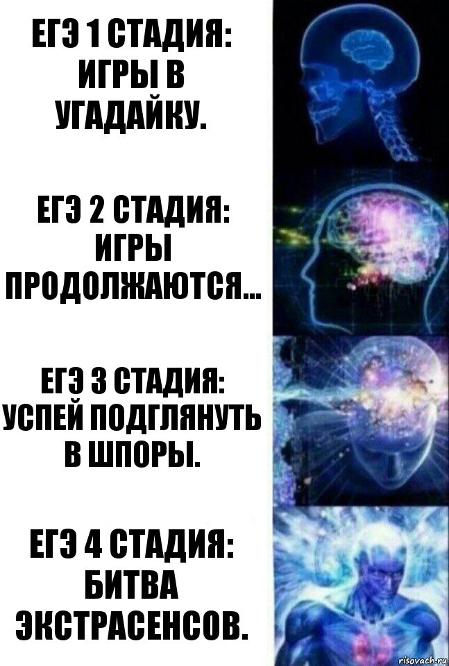 ЕГЭ 1 стадия:
Игры в угадайку. ЕГЭ 2 стадия:
Игры продолжаются... ЕГЭ 3 стадия:
Успей подглянуть в шпоры. ЕГЭ 4 стадия:
Битва экстрасенсов., Комикс  Сверхразум