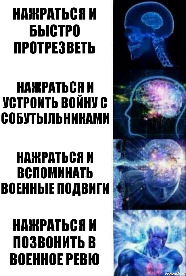 нажраться и
быстро протрезветь НАЖраться и устроить войну с собутыльниками Нажраться и вспоминать военные подвиги Нажраться и позвонить в военное ревю, Комикс  Сверхразум