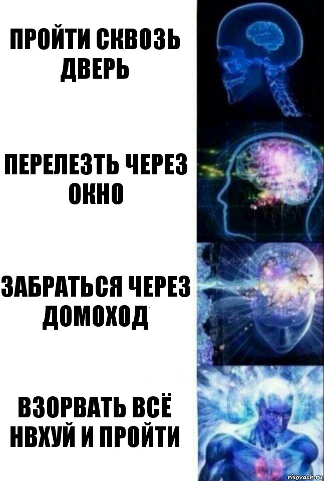 пройти сквозь дверь перелезть через окно забраться через домоход взорвать всё нвхуй и пройти, Комикс  Сверхразум