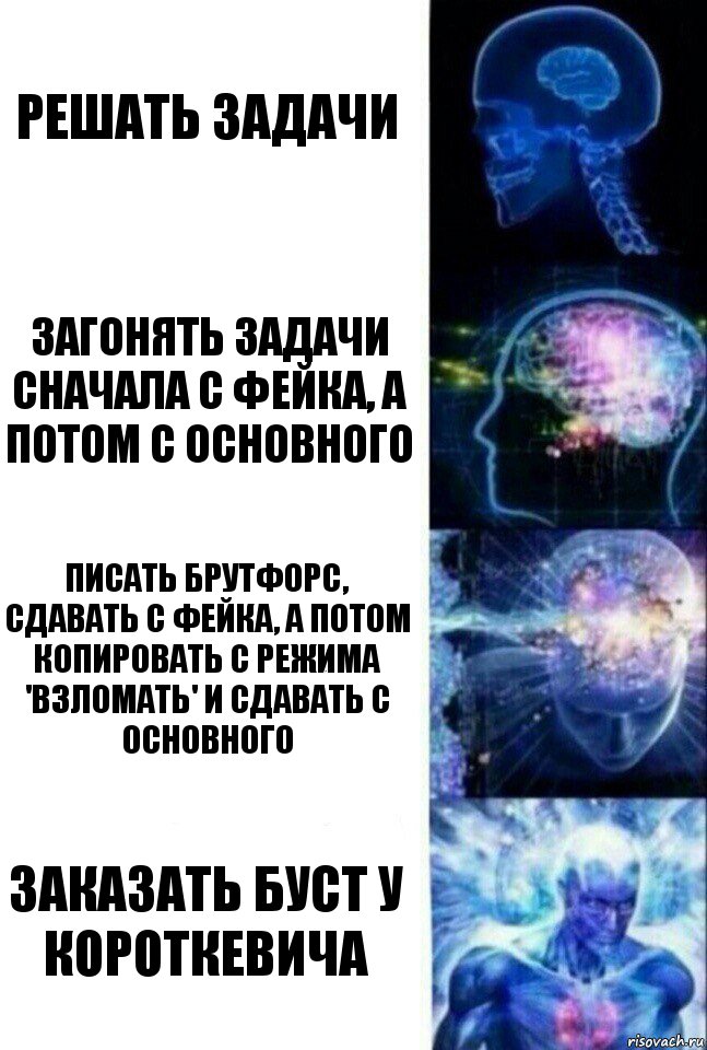 Решать задачи Загонять задачи сначала с фейка, а потом с основного Писать брутфорс, сдавать с фейка, а потом копировать с режима 'взломать' и сдавать с основного Заказать буст у Короткевича, Комикс  Сверхразум