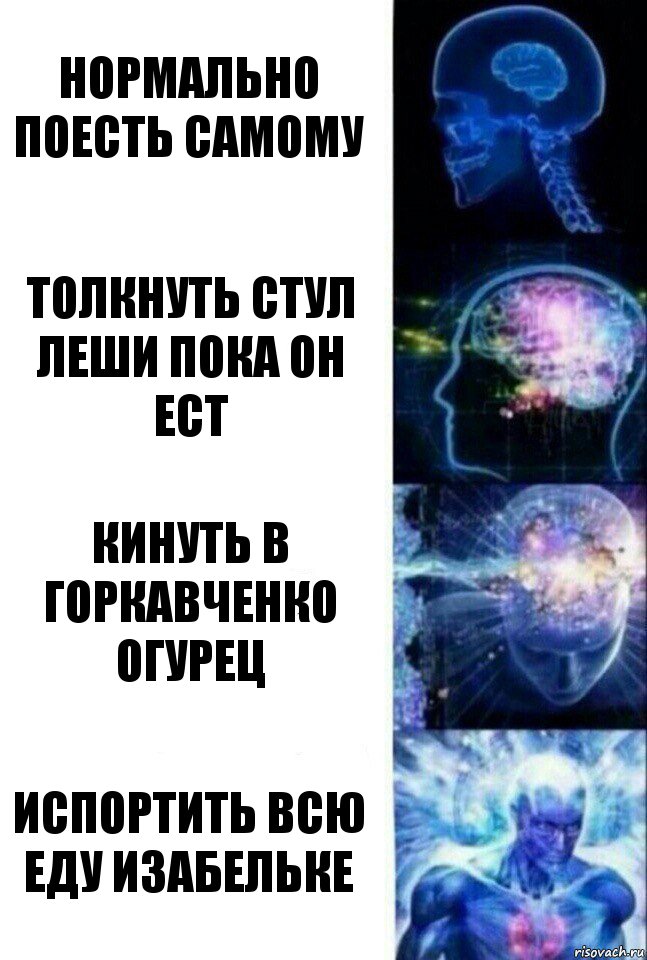 Нормально поесть самому Толкнуть стул Леши пока он ест Кинуть в Горкавченко огурец Испортить всю еду Изабельке, Комикс  Сверхразум