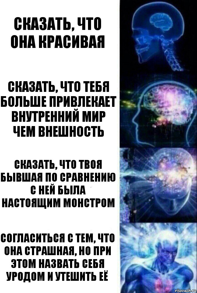 Сказать, что она красивая сказать, что тебя больше привлекает внутренний мир чем внешность сказать, что твоя бывшая по сравнению с ней была настоящим монстром Согласиться с тем, что она страшная, но при этом назвать себя уродом и утешить её, Комикс  Сверхразум