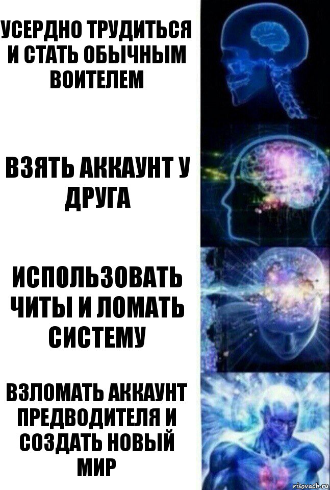 Усердно трудиться и стать обычным воителем Взять аккаунт у друга Использовать читы и ломать систему Взломать аккаунт предводителя и создать новый мир, Комикс  Сверхразум