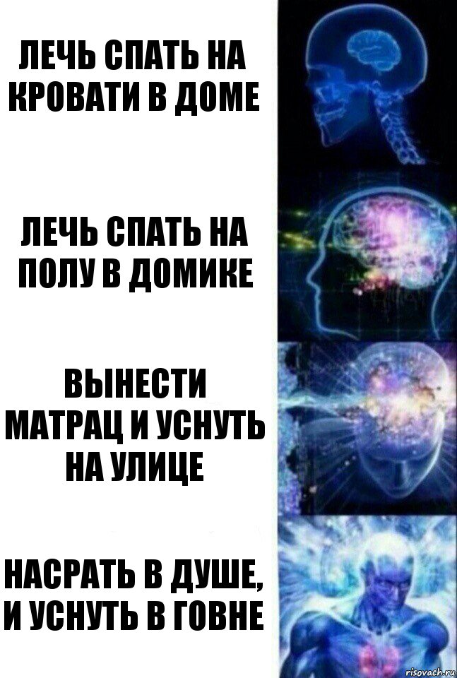 лечь спать на кровати в доме лечь спать на полу в домике вынести матрац и уснуть на улице насрать в душе, и уснуть в говне, Комикс  Сверхразум