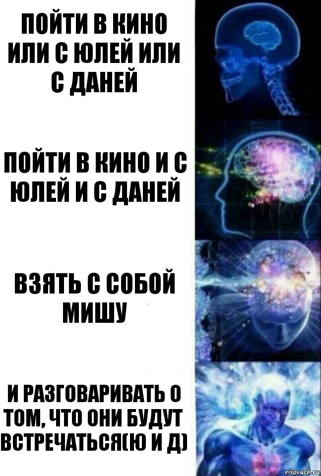 Пойти в кино или с Юлей или с Даней Пойти в кино и с Юлей и с Даней Взять с собой Мишу И разговаривать о том, что они будут встречаться(Ю и Д), Комикс  Сверхразум