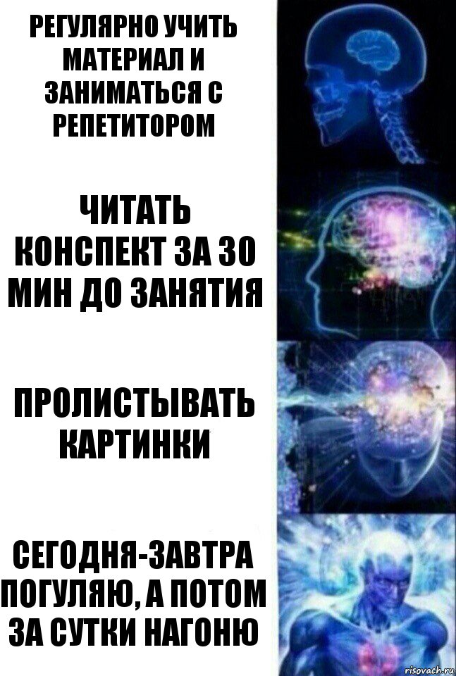 регулярно учить материал и заниматься с репетитором читать конспект за 30 мин до занятия пролистывать картинки сегодня-завтра погуляю, а потом за сутки нагоню, Комикс  Сверхразум