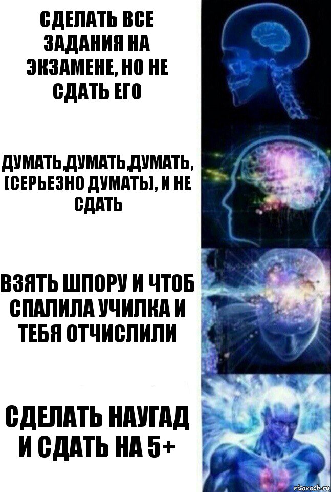 Сделать все задания на экзамене, но не сдать его думать,думать,думать, (серьезно думать), и не сдать взять шпору и чтоб спалила училка и тебя отчислили сделать наугад и сдать на 5+, Комикс  Сверхразум