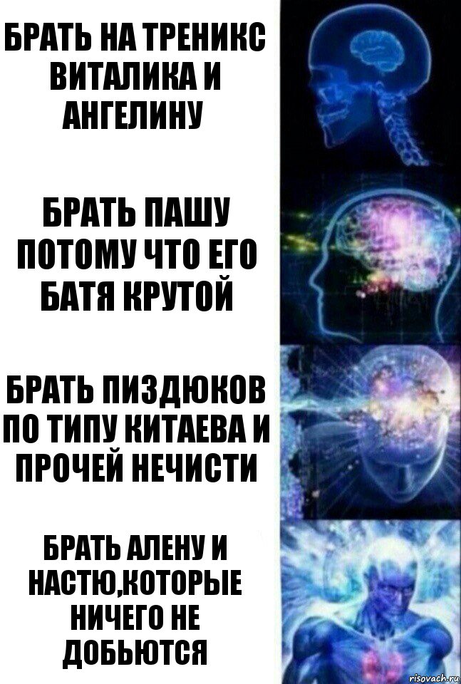 Брать на треникс Виталика и Ангелину Брать пашу потому что его батя крутой Брать пиздюков по типу китаева и прочей нечисти Брать Алену и Настю,которые ничего не добьются, Комикс  Сверхразум