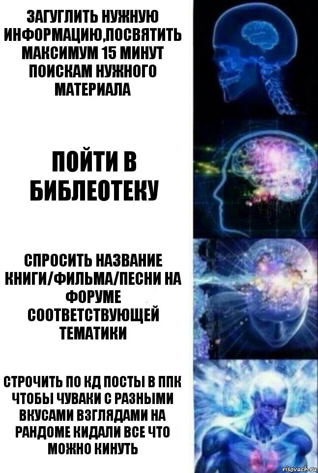 Загуглить нужную информацию,посвятить максимум 15 минут поискам нужного материала пойти в библеотеку спросить название книги/фильма/песни на форуме соответствующей тематики СТРОЧИТЬ ПО КД ПОСТЫ В ППК ЧТОБЫ ЧУВАКИ С РАЗНЫМИ ВКУСАМИ ВЗГЛЯДАМИ НА РАНДОМЕ КИДАЛИ ВСЕ ЧТО МОЖНО КИНУТЬ, Комикс  Сверхразум