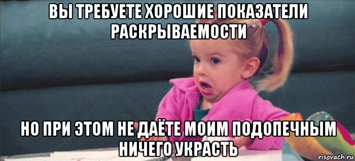 вы требуете хорошие показатели раскрываемости но при этом не даёте моим подопечным ничего украсть, Мем  Ты говоришь (девочка возмущается)