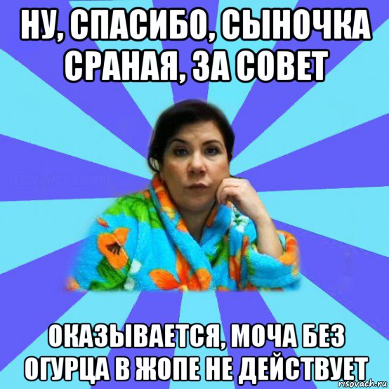 ну, спасибо, сыночка сраная, за совет оказывается, моча без огурца в жопе не действует, Мем типичная мама