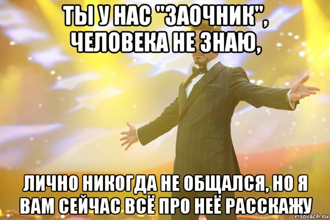 ты у нас "заочник", человека не знаю, лично никогда не общался, но я вам сейчас всё про неё расскажу, Мем Тони Старк (Роберт Дауни младший)