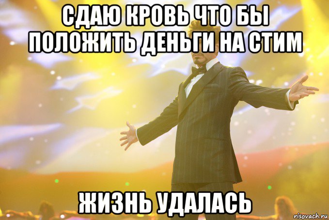 сдаю кровь что бы положить деньги на стим жизнь удалась, Мем Тони Старк (Роберт Дауни младший)