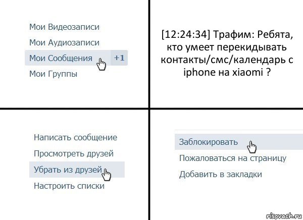 [12:24:34] Трафим: Ребята, кто умеет перекидывать контакты/смс/календарь с iphone на xiaomi ?, Комикс  Удалить из друзей