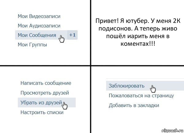 Привет! Я ютубер. У меня 2К подисонов. А теперь живо пошёл иарить меня в коментах!!!, Комикс  Удалить из друзей