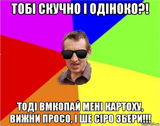 тобі скучно і одіноко?! тоді вмкопай мені картоху, вижни просо, і ше сіро збери!!!