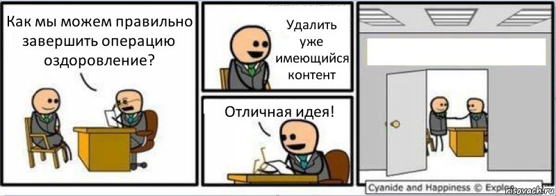 Как мы можем правильно завершить операцию оздоровление? Удалить уже имеющийся контент Отличная идея! , Комикс Собеседование на работу