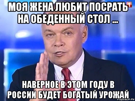 моя жена любит посрать на обеденный стол ... наверное в этом году в россии будет богатый урожай, Мем Киселёв 2014