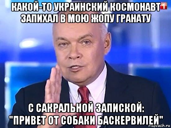 какой-то украинский космонавт запихал в мою жопу гранату с сакральной запиской: "привет от собаки баскервилей", Мем Киселёв 2014