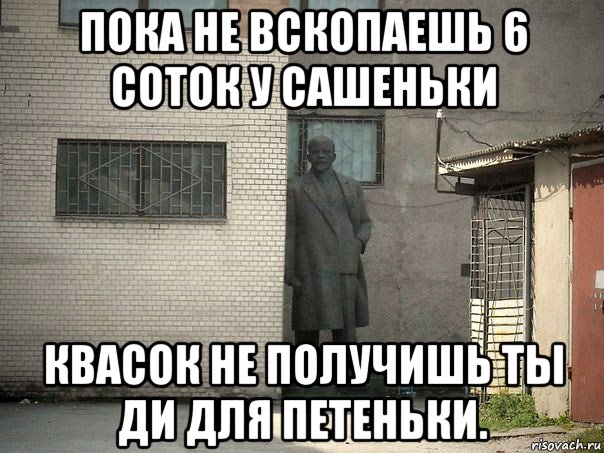 пока не вскопаешь 6 соток у сашеньки квасок не получишь ты ди для петеньки., Мем  Ленин за углом (пс, парень)