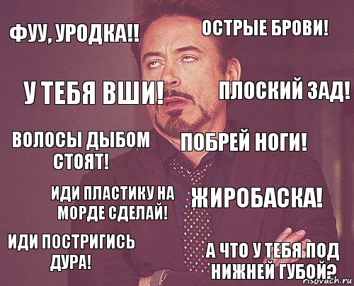 Фуу, уродка!! ОСТРЫЕ БРОВИ! Волосы дыбом стоят! Иди постригись дура! Жиробаска! Побрей ноги! Иди пластику на морде сделай! А что у тебя под нижней губой? У тебя вши! Плоский зад!, Комикс мое лицо