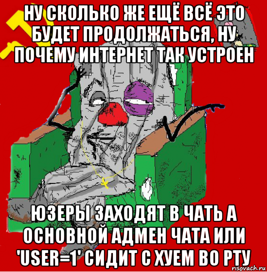 ну сколько же ещё всё это будет продолжаться, ну почему интернет так устроен юзеры заходят в чать а основной адмен чата или 'user=1' сидит с хуем во рту, Мем Мыслитель-пьяный коммунист