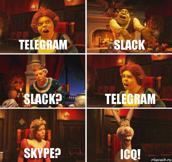 Telegram slack slack? Telegram Skype? ICQ!, Комикс  Шрек Фиона Гарольд Осел