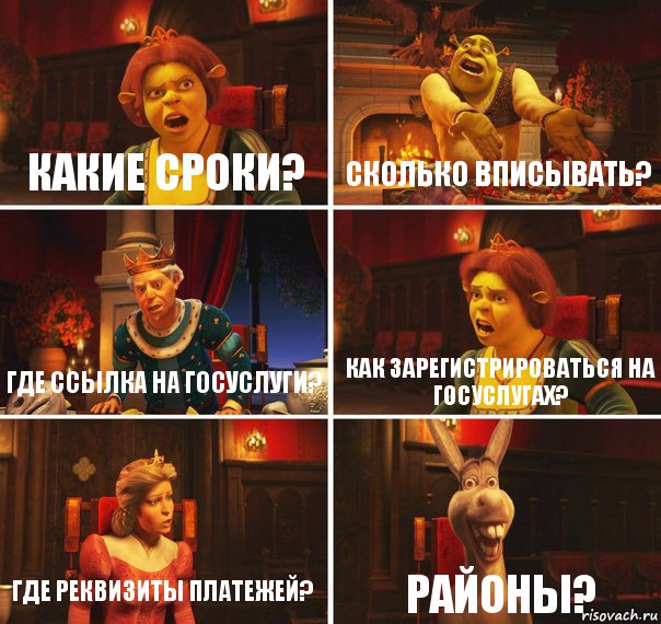 какие сроки? сколько вписывать? где ссылка на госуслуги? как зарегистрироваться на госуслугах? где реквизиты платежей? РАЙОНЫ?, Комикс  Шрек Фиона Гарольд Осел