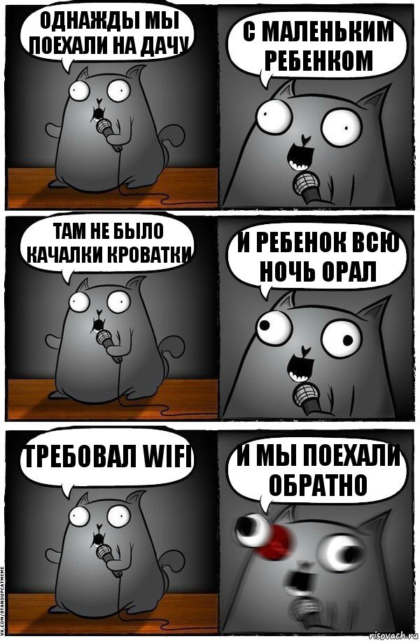 Однажды мы поехали на дачу с маленьким ребенком там не было качалки кроватки и ребенок всю ночь орал требовал WIFI и мы поехали обратно, Комикс  Стендап-кот