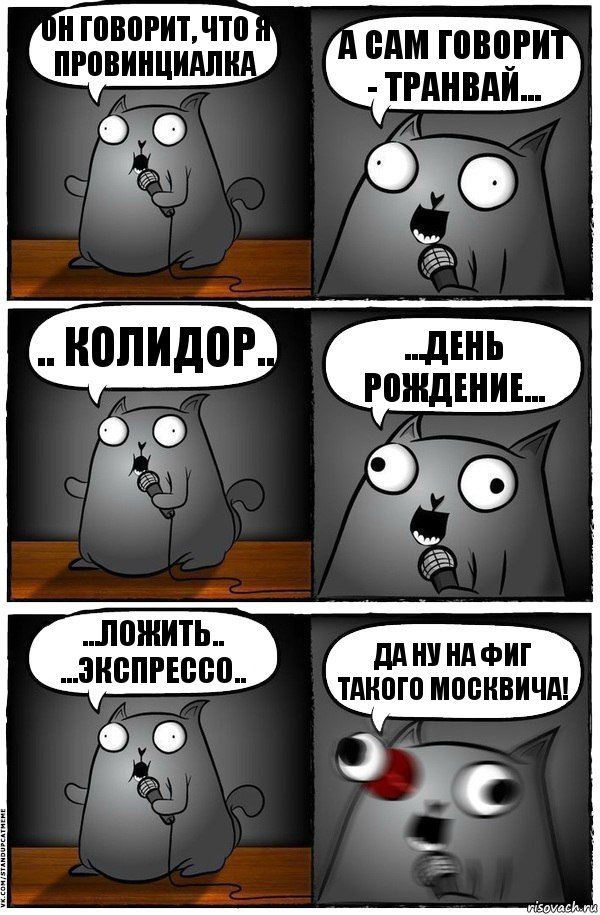 Он говорит, что я провинциалка А сам говорит - траНвай... .. колидор.. ...день рождениЕ... ...ложить.. ...экспрессо.. Да ну на фиг такого москвича!