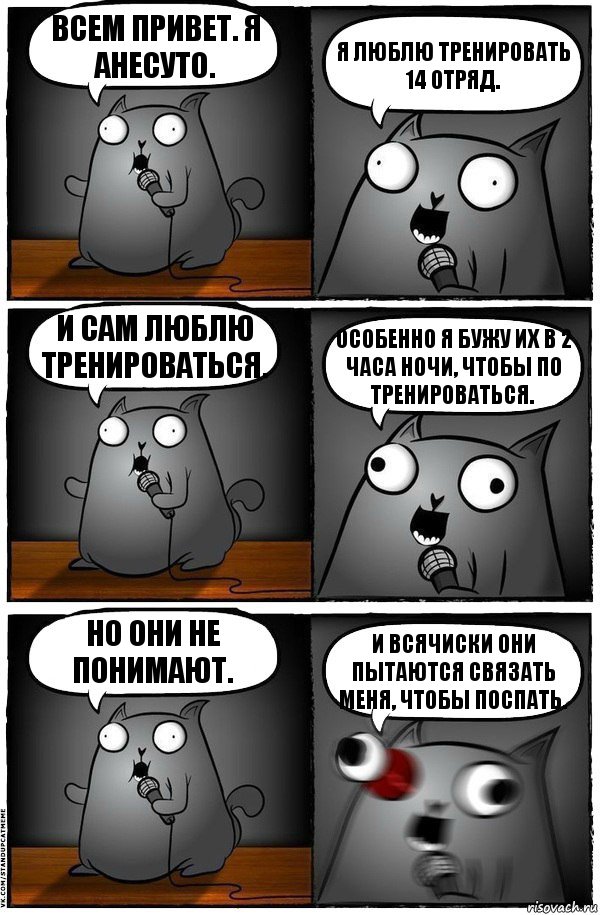 Всем привет. Я Анесуто. Я люблю тренировать 14 отряд. И сам люблю тренироваться. Особенно я бужу их в 2 часа ночи, чтобы по тренироваться. Но они не понимают. И всячиски они пытаются связать меня, чтобы поспать.