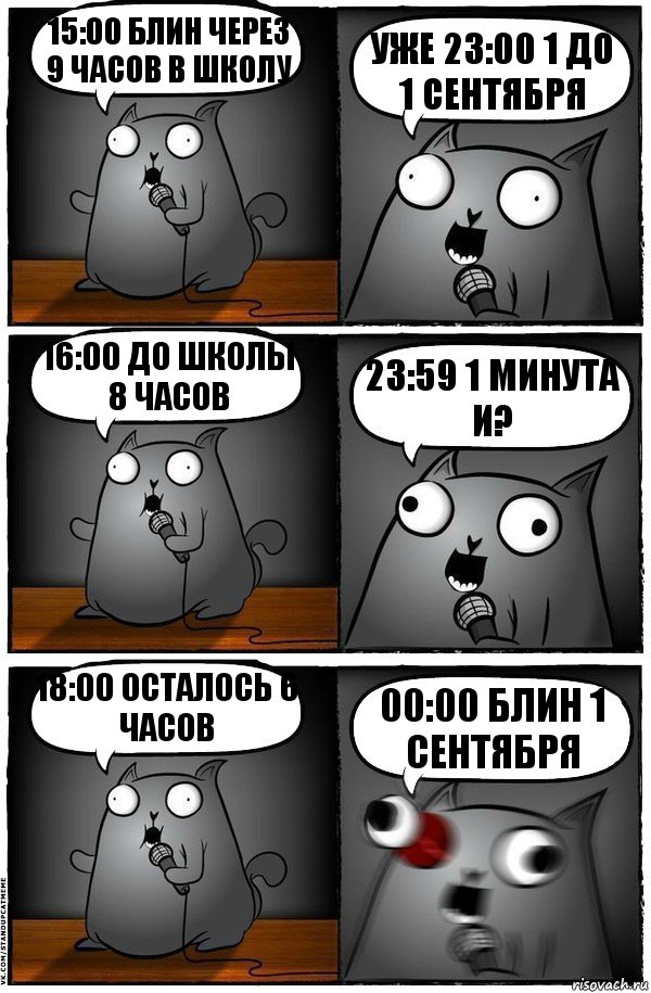 15:00 блин через 9 часов в школу Уже 23:00 1 до 1 сентября 16:00 до школы 8 часов 23:59 1 минута и? 18:00 осталось 6 часов 00:00 блин 1 сентября, Комикс  Стендап-кот